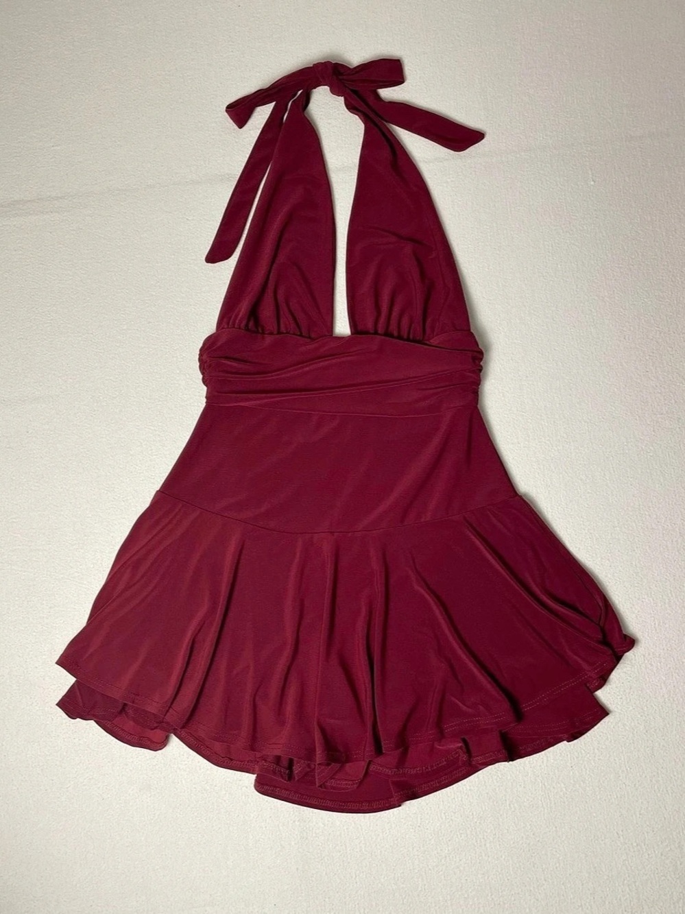 TRESSER Red Halter Mini Dress Size XS Ruched V Backless Shorts Underneath